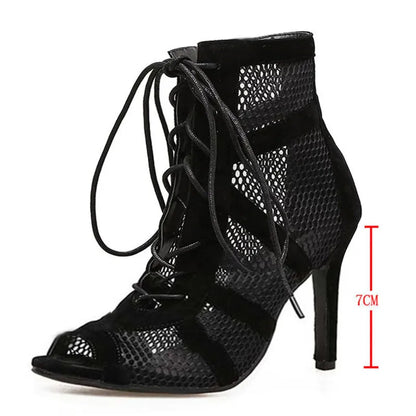 Zapatos negros sexis con cordones cruzados para mujer, cómodos tacones finos de alta calidad, sandalias de baile con punta abierta, zapatos de tacón calados con correa en el tobillo