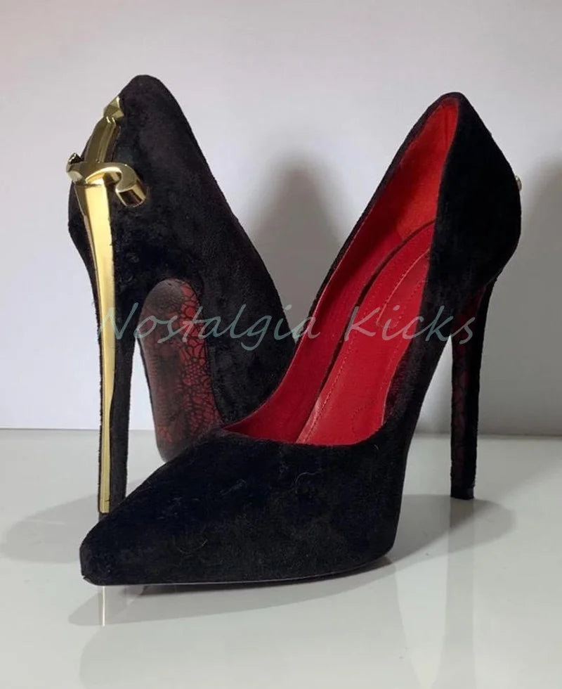 Zapatos de tacón de aguja de gamuza a la moda, zapatos de tacón con diseño de espada, puntiagudos, adornos de Metal, zapatos de noche elegantes, zapatos de vestir para fiesta para mujer
