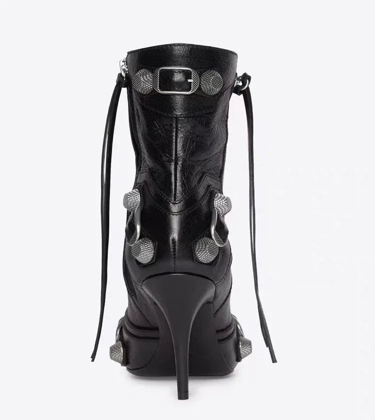 Botines de tacón alto y fino para mujer, decoración de Metal, remaches, flecos, cremallera, punta pintada, botines de motocicleta para mujer, zapatos de mujer