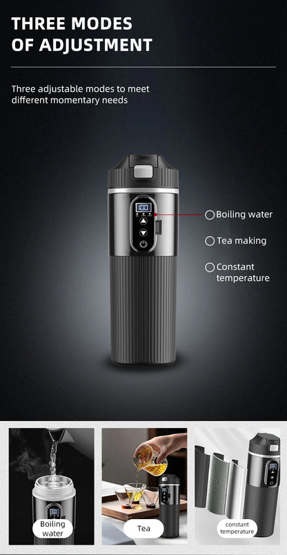 Tetera con taza calefactora eléctrica de 12V/24V y 500ML, botella con calentador de agua de acero inoxidable 304, apagado automático, taza de ebullición rápida para coche de viaje