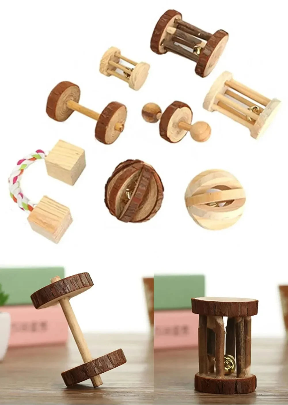 conejillo de indias, conejo, hámster, Animal PEQUEÑO, juguetes con rodillo para mascotas, mancuernas de pino de madera Natural, monociclo, campana para masticar, bola trenzada