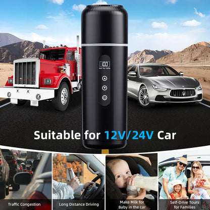 Hervidor eléctrico de viaje para coche, 12V/24V, portátil, taza de agua caliente, pantalla de visualización, calor de acero inoxidable 316 para preparar café y té