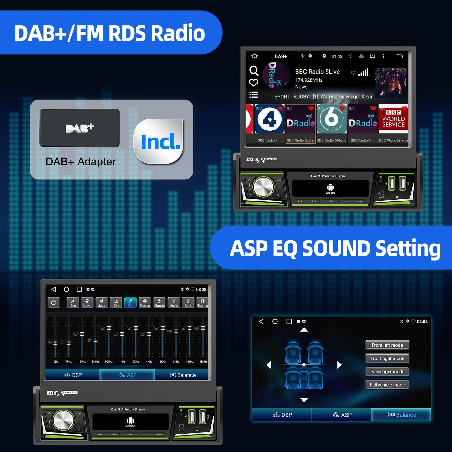 Radio de coche ESSGOO 7 pulgadas 1 DIN Flip-Out, 4+64 GB, Carplay inalámbrico, Android Auto, Bluetooth, pantalla táctil, Android 14, reproductor MP5, unidad principal, SWC, GPS, cámara.
