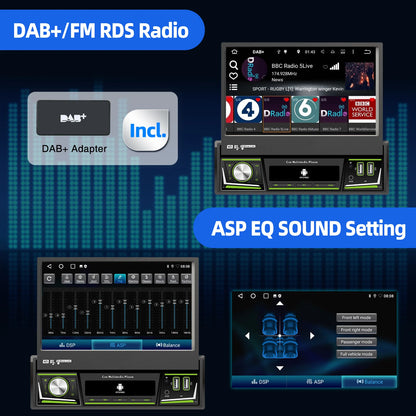 Radio de coche ESSGOO 7 pulgadas 1 DIN Flip-Out, 4+64 GB, Carplay inalámbrico, Android Auto, Bluetooth, pantalla táctil, Android 14, reproductor MP5, unidad principal, SWC, GPS, cámara.