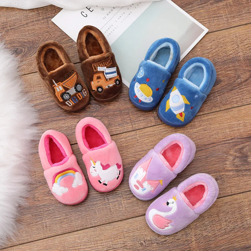 Zapatos cálidos de invierno para niños con bordado de dibujos animados, zapatos de algodón con estampado de coche para niños y niñas, zapatos de interior para el hogar