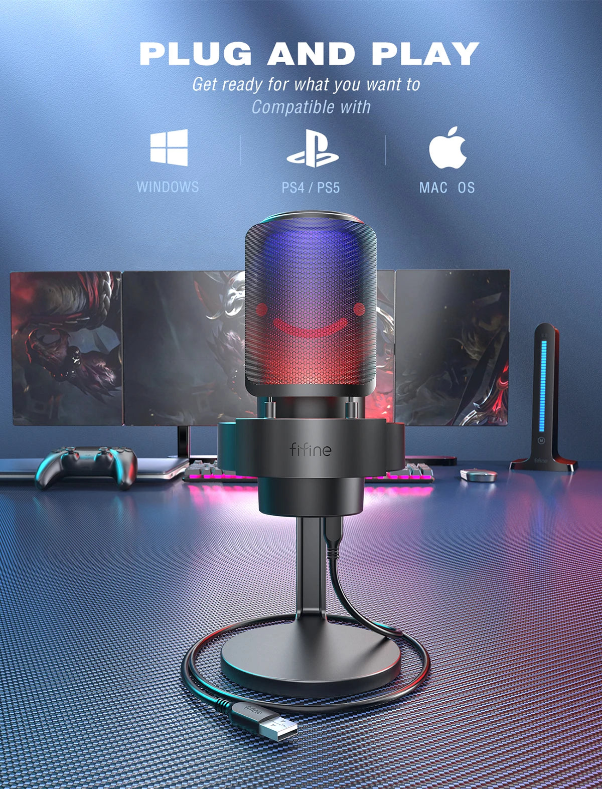 Micrófono USB FIFINE para grabar y transmitir en PC y Mac, salida de auriculares y botón de silencio táctil, micrófono con 3 modos RGB -A8