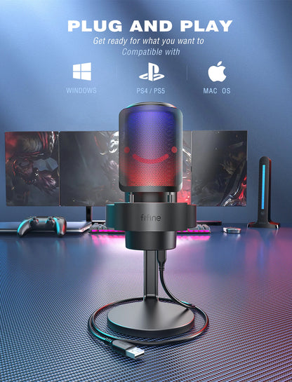 Micrófono USB FIFINE para grabar y transmitir en PC y Mac, salida de auriculares y botón de silencio táctil, micrófono con 3 modos RGB -A8