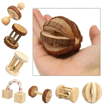 conejillo de indias, conejo, hámster, Animal PEQUEÑO, juguetes con rodillo para mascotas, mancuernas de pino de madera Natural, monociclo, campana para masticar, bola trenzada