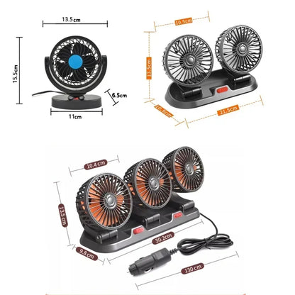 Ventilador automotriz del coche del ventilador 12v 24v 360 °   Ventilador de aire ajustable de 3 cabezales, tarjeta de estacionamiento temporal multifuncional de poco ruido, ventilador para vehículos
