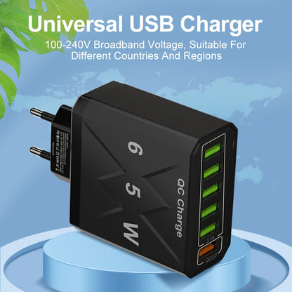 Cargador USB de 6 puertos de carga rápida, adaptador de teléfono móvil para iPhone 14, Samsung, Xiaomi, enchufe de la UE, KR, EE. UU., Reino Unido, 65W, QC3.0
