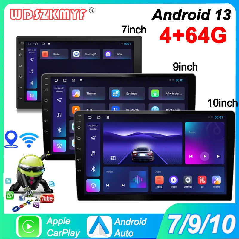 Reproductor Multimedia Universal de 7, 9 y 10 pulgadas pantalla coche android auto con GPS carplay inalambrico WIFI, CarPlay inalámbrico, Android 13, 2 Din, Radio FM, RECEPTOR ESTÉREO sistemas inteligentes de coche