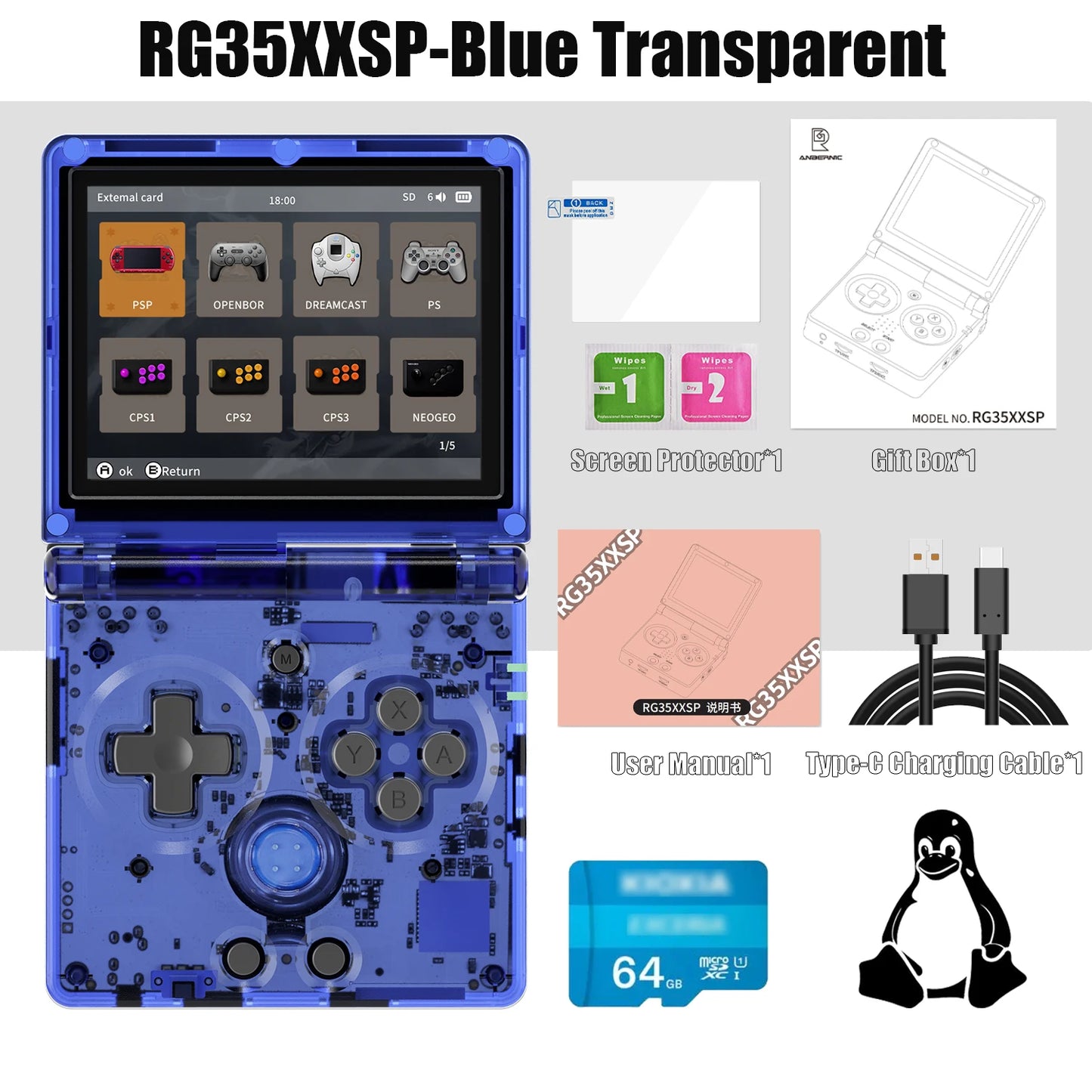ANBERNIC nueva consola de juegos portátil RG35XXSP con tapa consola de videojuegos IPS de 3,5 pulgadas sistema Linux de 64 bits 64G reproducción en línea