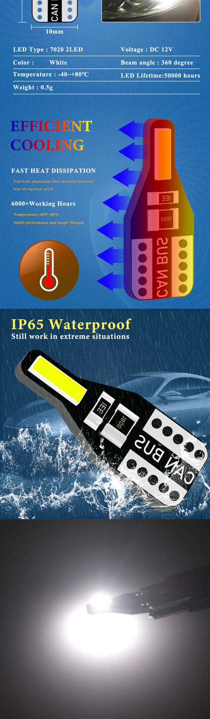 10 Uds T10 W5W bombilla LED Canbus 194 168 7020 Cob 2SMD luces interiores de coche lámpara de lectura bombilla de cuña blanco sin errores
