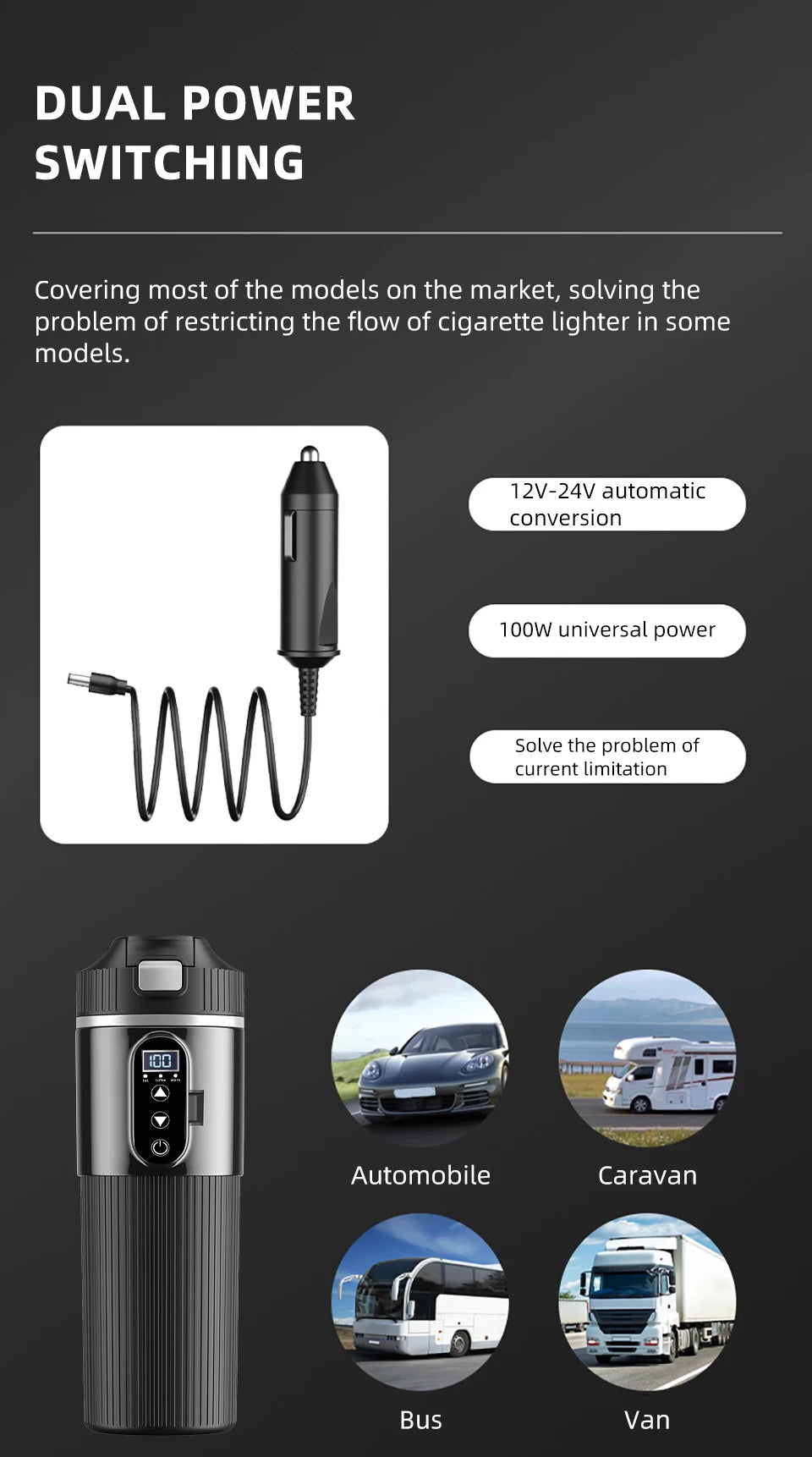 Tetera con taza calefactora eléctrica de 12V/24V y 500ML, botella con calentador de agua de acero inoxidable 304, apagado automático, taza de ebullición rápida para coche de viaje