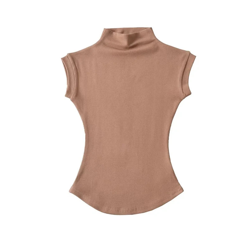 Camisetas sin mangas con cuello alto para mujer, Tops sexys de verano, jerséis ajustados lisos, camisetas informales, ropa de calle femenina, camisetas básicas