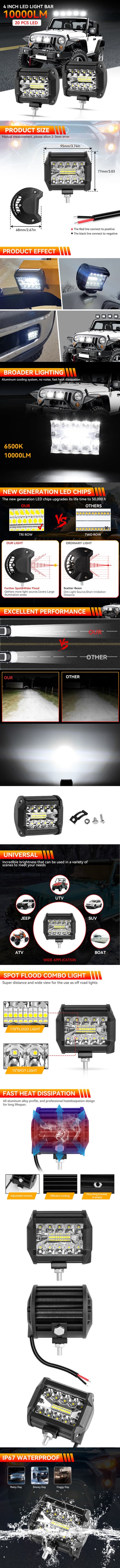 Barra de luz LED de trabajo, faro LED de 12-24V, foco de coche, lámpara antiniebla de diodo para Atv, Tractor, motocicleta, accesorios todoterreno, 4x4, 1/2/4 unidades