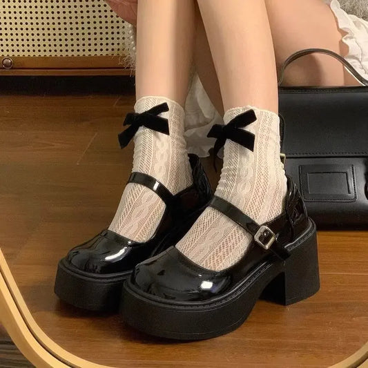 Botines gruesos negros con plataforma para mujer, zapatos Mary Jane cortos, elegantes con tacones medios, botines Lolita para mujer, botas Y2k en oferta
