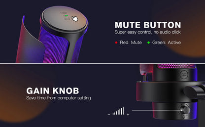 Micrófono USB FIFINE para grabar y transmitir en PC y Mac, salida de auriculares y botón de silencio táctil, micrófono con 3 modos RGB -A8