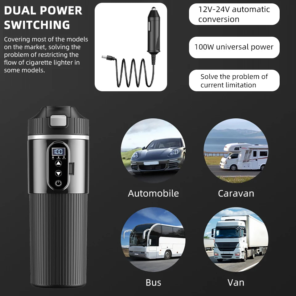 Tetera con taza calefactora eléctrica de 12V/24V y 500ML, botella con calentador de agua de acero inoxidable 304, apagado automático, taza de ebullición rápida para coche de viaje