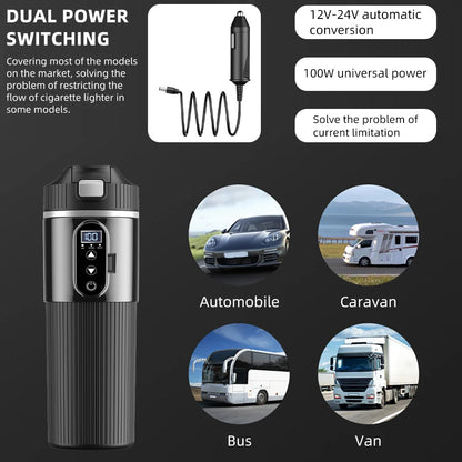 Tetera con taza calefactora eléctrica de 12V/24V y 500ML, botella con calentador de agua de acero inoxidable 304, apagado automático, taza de ebullición rápida para coche de viaje