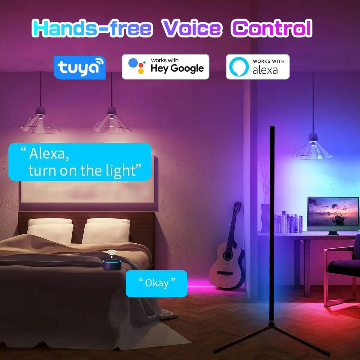 Lámpara de pie de esquina inteligente Tuya de 160cm, iluminación LED RGB regulable, iluminación de ambiente moderna, luces de soporte Alexa para dormitorio, juegos, decoración para sala de estar