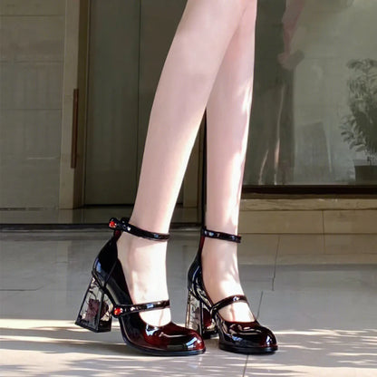 2025 Zapatos Mary Jane de talla grande para mujer, zapatos de tacón grueso Retro francés, cojín cómodo de tacón cuadrado rosa para estilo informal elegante