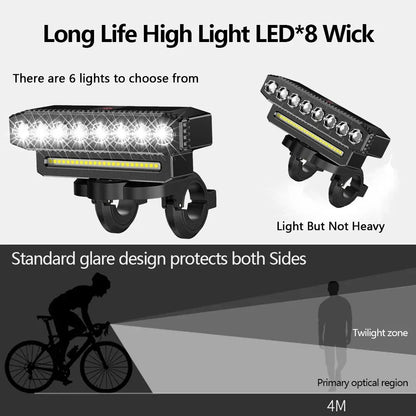 Luz delantera de bicicleta LED 5/8 recargable por USB 130dB bocina de bicicleta fácil de instalar 6 modos luz de timbre de bicicleta