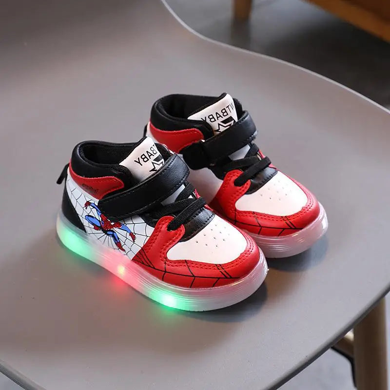 Zapatillas de deporte Disney para niños y niñas, zapatos deportivos con luz Led de Spiderman, zapatos para estudiantes, zapatos antideslizantes con gancho para niños, zapatos de cesta para exteriores
