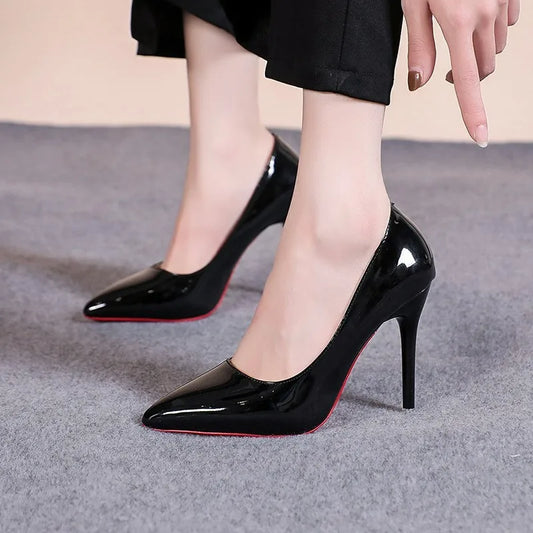 Zapatos de tacón alto sexis con parte inferior roja para mujer, zapatos de tacón clásicos para mujer, zapatos de tacón de vestir de cuero para otoño, tacones altos para banquete y boda