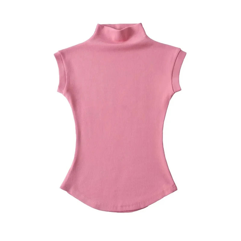 Camisetas sin mangas con cuello alto para mujer, Tops sexys de verano, jerséis ajustados lisos, camisetas informales, ropa de calle femenina, camisetas básicas