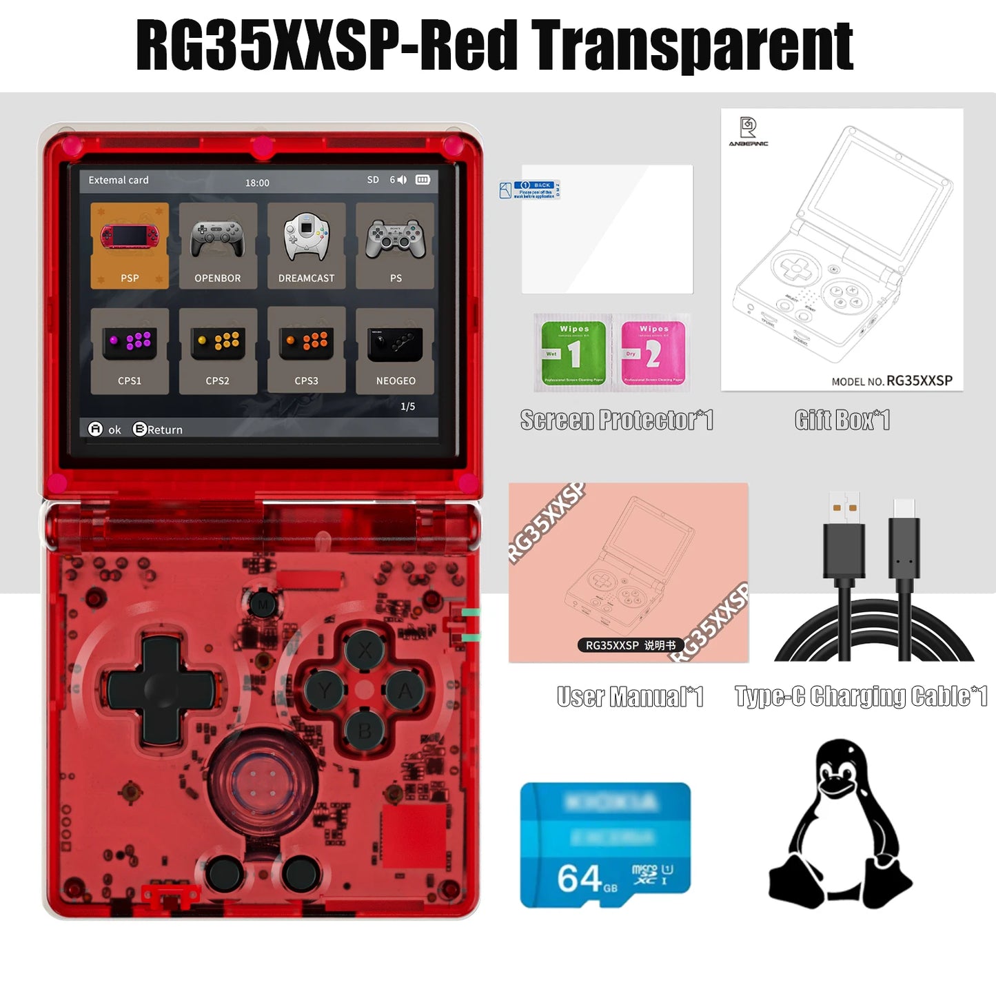 ANBERNIC nueva consola de juegos portátil RG35XXSP con tapa consola de videojuegos IPS de 3,5 pulgadas sistema Linux de 64 bits 64G reproducción en línea