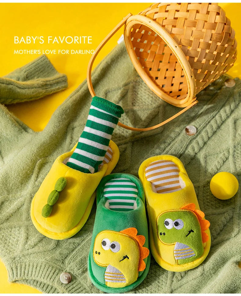 Zapatilla de piel de dinosaurio de dibujos animados para niños, zapatos suaves de otoño e invierno cálidos de princesa para bebés y niñas, zapatos de piel de lana de algodón para interiores y dormitorios