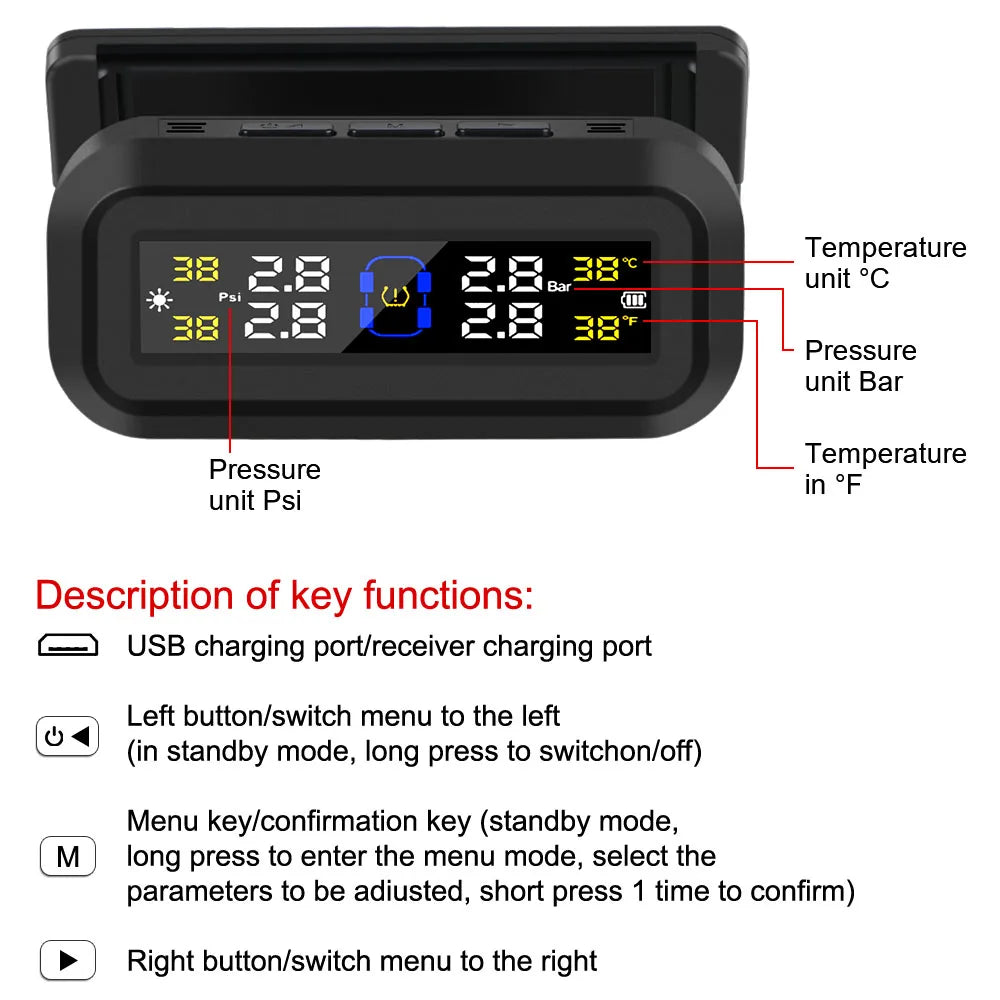 Pantalla LCD Digital, sistema de supervisión de presión de neumáticos, alarma de seguridad automática, Monitor de temperatura de neumáticos alimentado por USB Solar, TPMS para coche