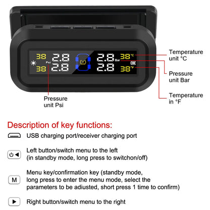 Pantalla LCD Digital, sistema de supervisión de presión de neumáticos, alarma de seguridad automática, Monitor de temperatura de neumáticos alimentado por USB Solar, TPMS para coche