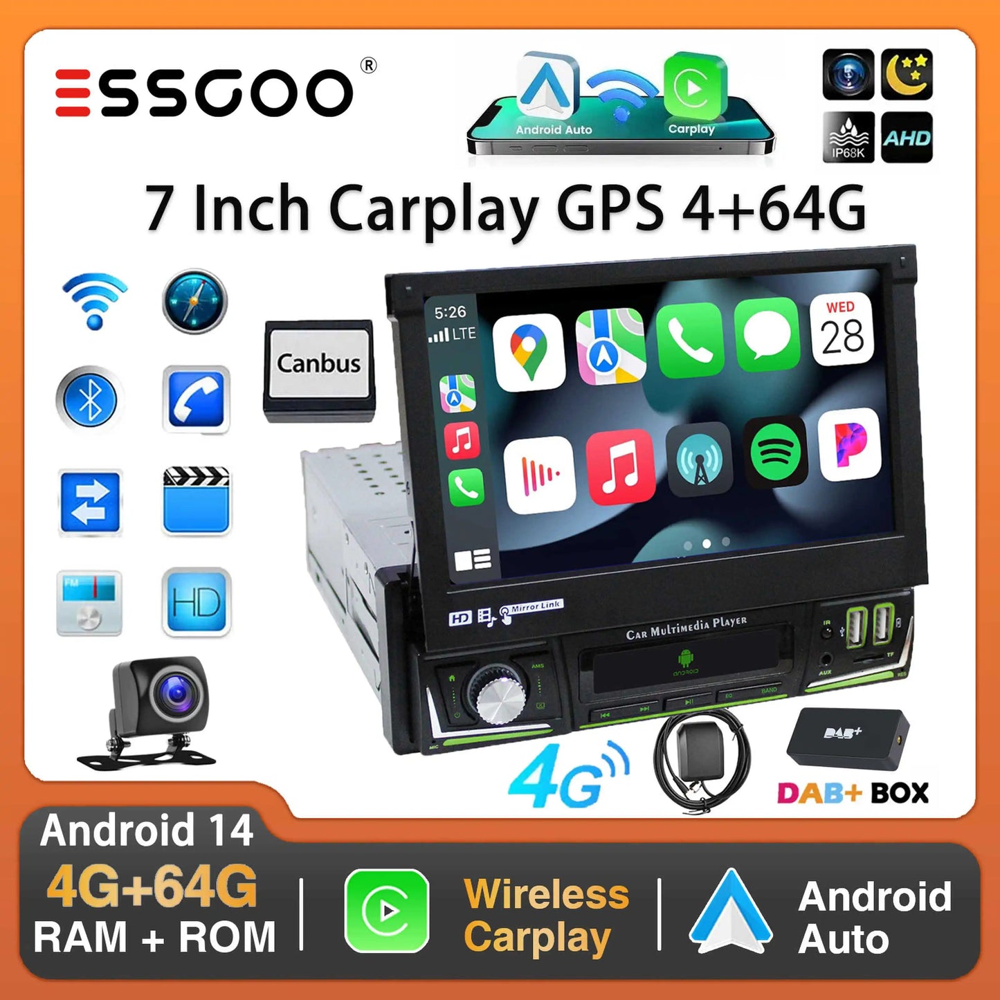 Radio de coche ESSGOO 7 pulgadas 1 DIN Flip-Out, 4+64 GB, Carplay inalámbrico, Android Auto, Bluetooth, pantalla táctil, Android 14, reproductor MP5, unidad principal, SWC, GPS, cámara.