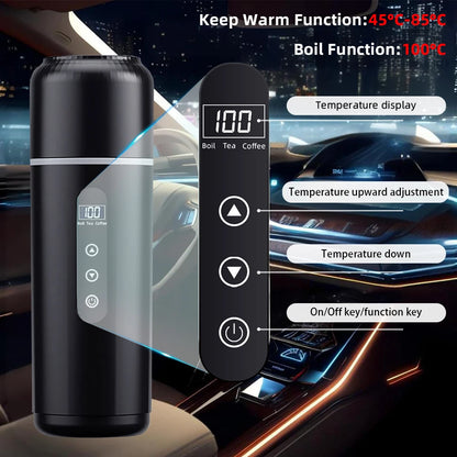 Hervidor eléctrico de viaje para coche, 12V/24V, portátil, taza de agua caliente, pantalla de visualización, calor de acero inoxidable 316 para preparar café y té