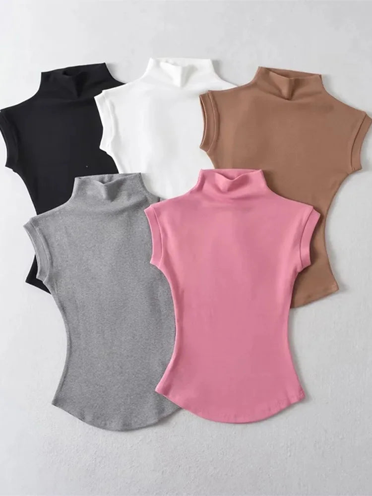 Camisetas sin mangas con cuello alto para mujer, Tops sexys de verano, jerséis ajustados lisos, camisetas informales, ropa de calle femenina, camisetas básicas