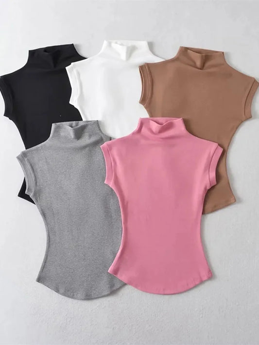 Camisetas sin mangas con cuello alto para mujer, Tops sexys de verano, jerséis ajustados lisos, camisetas informales, ropa de calle femenina, camisetas básicas