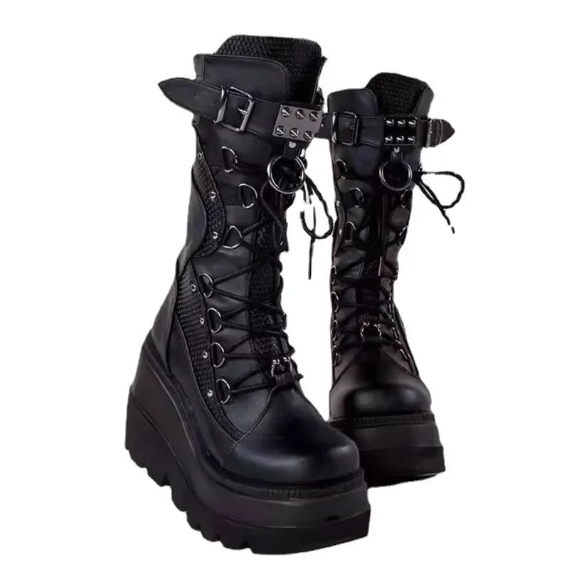 Nuevas botas de plataforma góticas para mujer, cuñas Punk con hebilla de remache a la moda, tacones altos, botas para mujer, zapatos de fiesta Street Cosplay para mujer