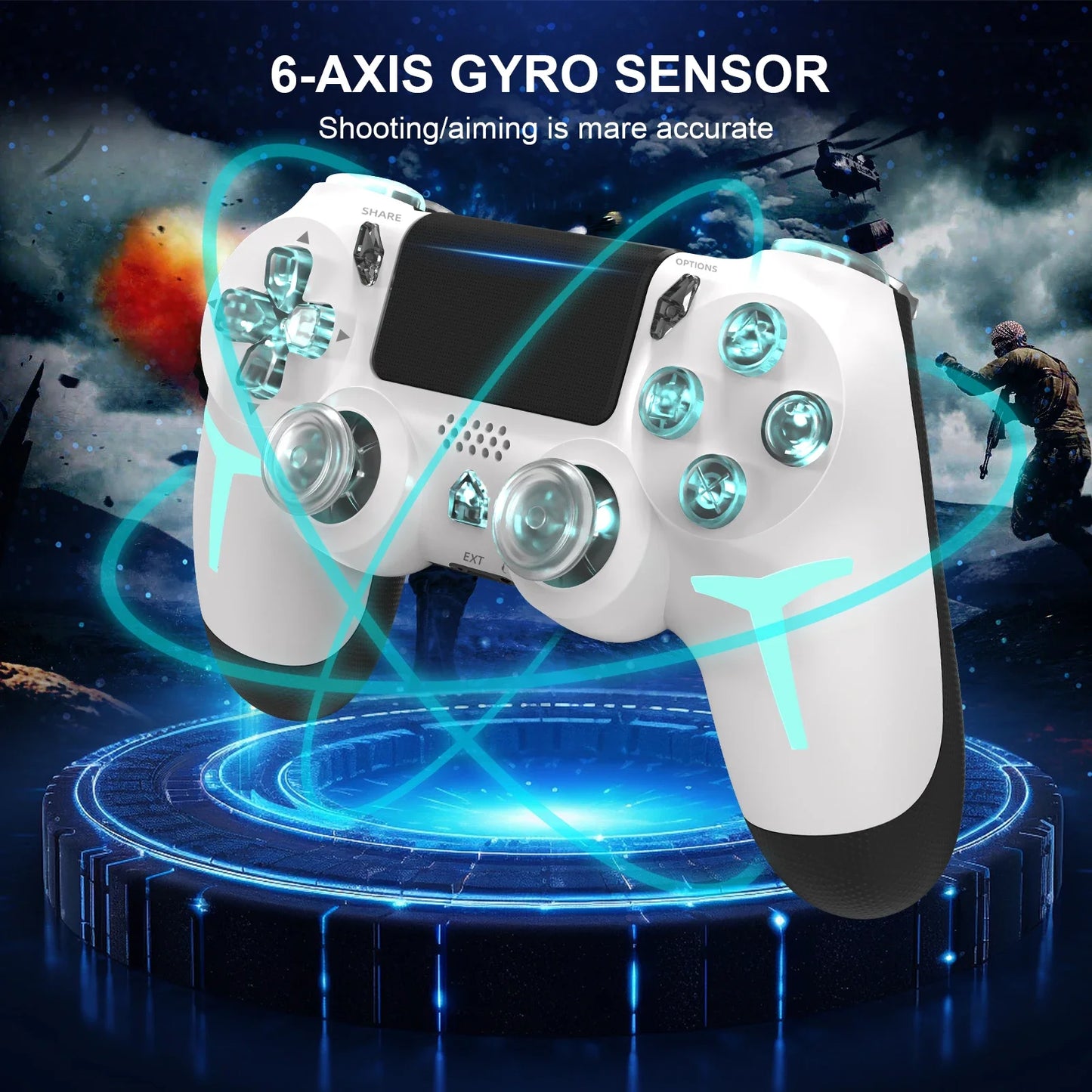 GAMINJA-controlador de juego inalámbrico con luz RGB para consola PS4, PS3, ordenador, PC, LED, Bluetooth, giroscopio de 6 ejes, doble vibración