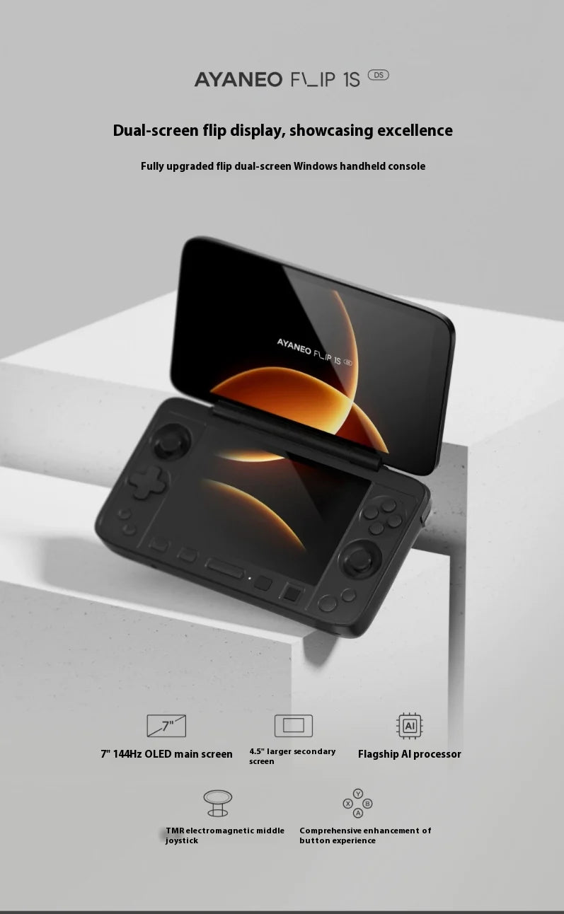 AYANEO Flip 1S DS Flip consola de juegos 7 "1080P 144Hz pantalla OLED consola portátil HX370 8840U máquina de juegos de pantallas duales