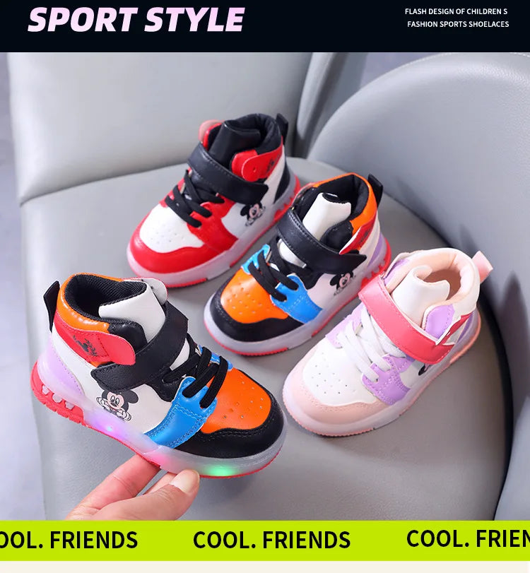 Zapatos Causla de Disney para niñas, zapatillas deportivas informales de cuero PU con LED luminiscentes de Mickey Mouse para niños de 1 a 6 años