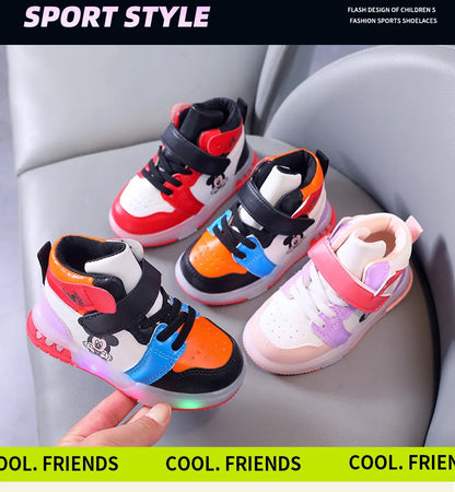 Zapatos Causla de Disney para niñas, zapatillas deportivas informales de cuero PU con LED luminiscentes de Mickey Mouse para niños de 1 a 6 años