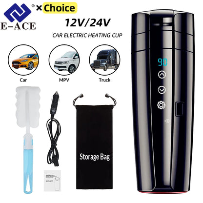 Taza calefactora para coche de 12V y 24V, hervidor eléctrico de acero inoxidable, Control inteligente de temperatura, pantalla LCD táctil, calentador de tazas de café de viaje