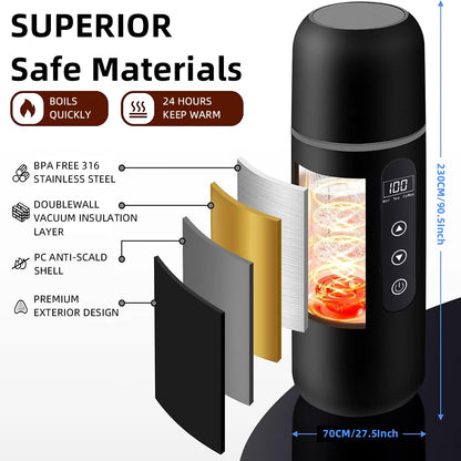 Hervidor eléctrico de viaje para coche, 12V/24V, portátil, taza de agua caliente, pantalla de visualización, calor de acero inoxidable 316 para preparar café y té