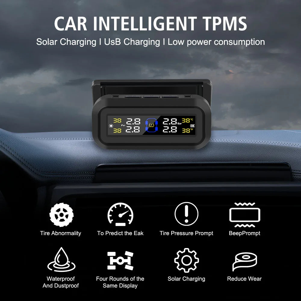 Pantalla LCD Digital, sistema de supervisión de presión de neumáticos, alarma de seguridad automática, Monitor de temperatura de neumáticos alimentado por USB Solar, TPMS para coche