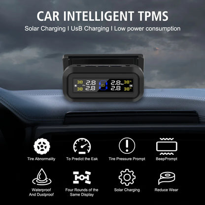 Pantalla LCD Digital, sistema de supervisión de presión de neumáticos, alarma de seguridad automática, Monitor de temperatura de neumáticos alimentado por USB Solar, TPMS para coche