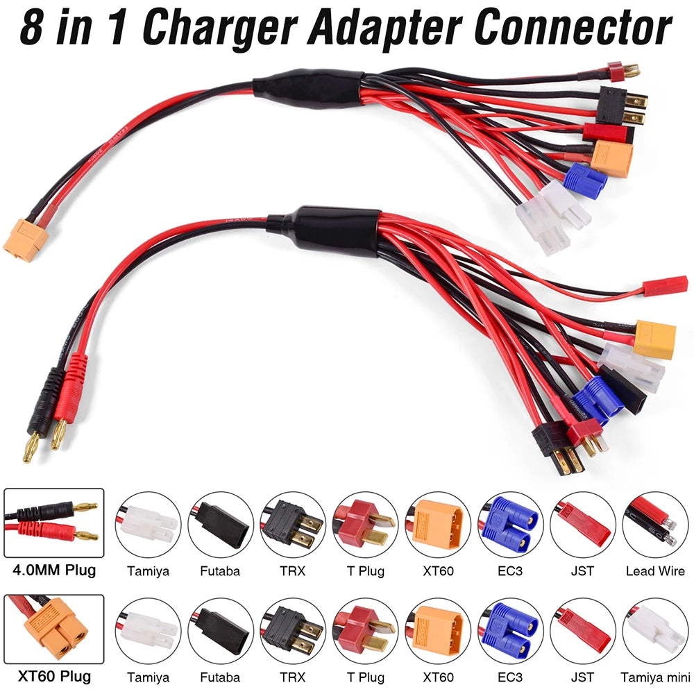 Conector adaptador de cargador RC 8 en 1, cargador 4,0mm Banana XT60 TRX Tamiya Lipo para coche RC Drone Imax B6 B6AC Cable de batería