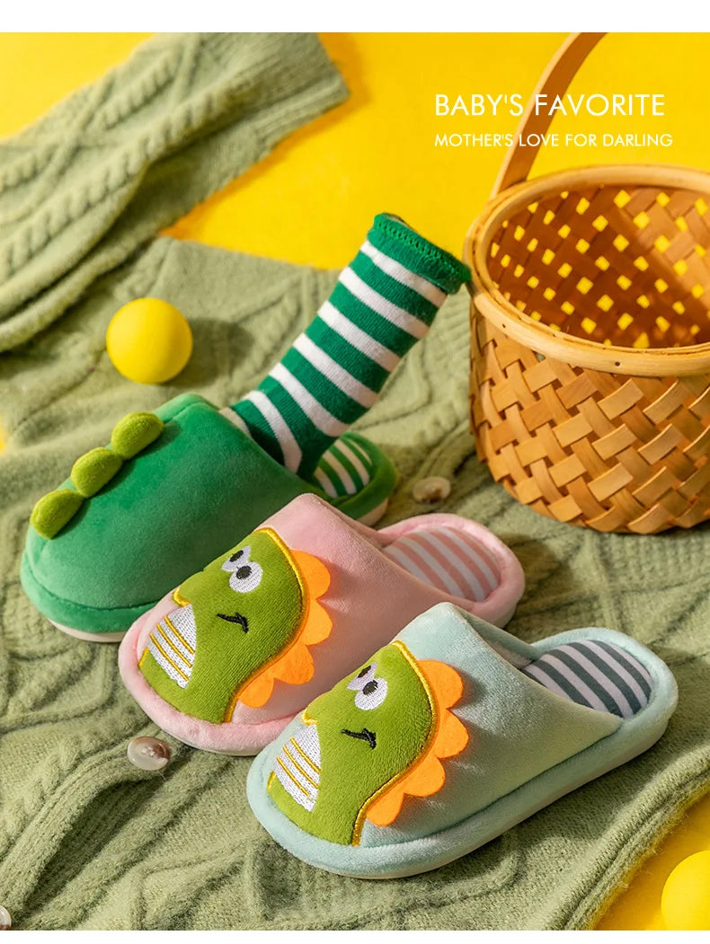 Zapatilla de piel de dinosaurio de dibujos animados para niños, zapatos suaves de otoño e invierno cálidos de princesa para bebés y niñas, zapatos de piel de lana de algodón para interiores y dormitorios