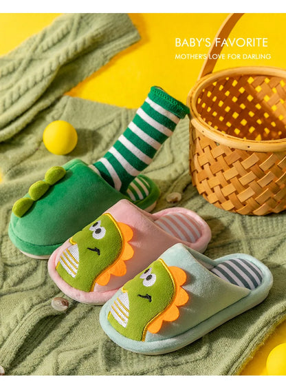 Zapatilla de piel de dinosaurio de dibujos animados para niños, zapatos suaves de otoño e invierno cálidos de princesa para bebés y niñas, zapatos de piel de lana de algodón para interiores y dormitorios
